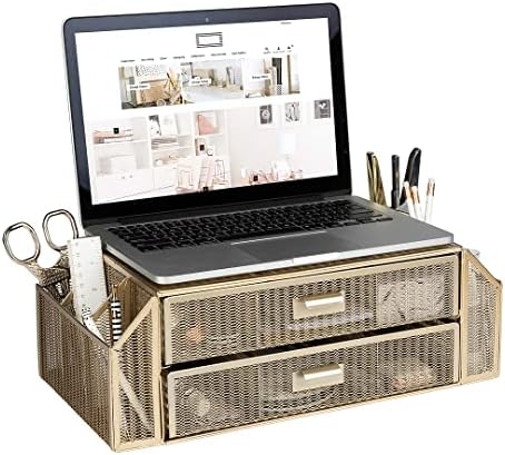 BLU MONACO | Monitor Stand with Drawer Storage | Desk Top Monitor Stand Riser Gold | Computer Support Organizer Elevador de Monitor by Blu_Monaco