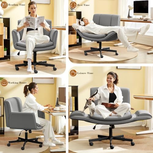 HeroSet Criss Cross Chair with Wheels & Armrests,Comfy Wide Vanity Chair,Scratch-Resistant Pu Leather Cross Legged Desk Chair,Height Adjustable Computer Office Desk Chairs for Home,Makeup,Bedroom - Image 3