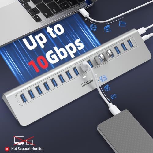 Powered USB Hub 10Gbps, intpw 16-Port USB 3.2/USB A Hub (16 x USB-A 3.2), USB Hub Powered with 65W Power Adapter, 3Ft Cable, Aluminum USB Hub for PC/Laptop,Computer, Flash Drive, Printer, Camera - Image 3