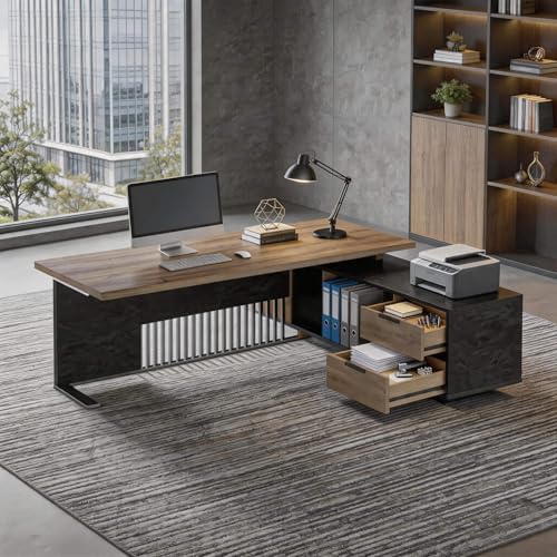 70.86 inch Inch Large Executive Desk with Drawers Cabinet, L Shaped Office Desk, Computer Desk with Universal Charging Ports and Cable Management for Business Furniture Set Workstation for Home Office - Image 3