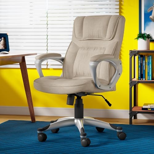 Serta Hannah Executive Home Office Desk Chair, Ergonomic Mid-Back with Lumbar Support, Firm Seat Cushion, Layered Body Pillows, Padded Armrests, Swivel Base, Easy Assembly, Microfiber, Tan - Image 2