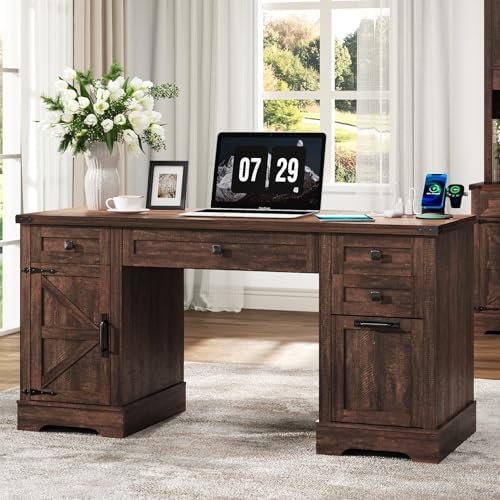 Squireewo 58'' Farmhouse Home Office Desk with Drawers, Wooden Executive Desk with Charging Station, File Drawers and Storage Cabinet, Computer Desk for Work, Study and Writing, Brown by Squireewo