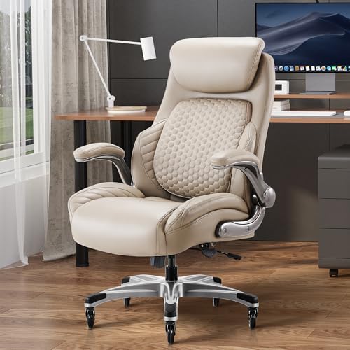 COLAMY Office Ergonomic Desk High Back Executive Chair with Pop-Out Lumbar Support, Upgraded Casters, Adjustable Headrest, Flip-Up Arms, Leather Home with Thick Cushion for Comfort - Khaki - Image 2