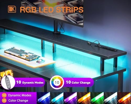 ODK 48 Inch Gaming Desk with LED Lights & Storage Shelves, Carbon Fiber - Image 4