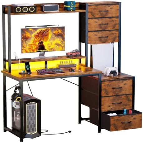 MUTUN 47 Inch Computer Gaming Desk with Hutch Power Outlet and LED Strip, Home Office Work Study Writing Desk with 6 Fabric Drawers and Storage for Bedroom, Escritorios para Computadoras, Rustic Brown by MUTUN