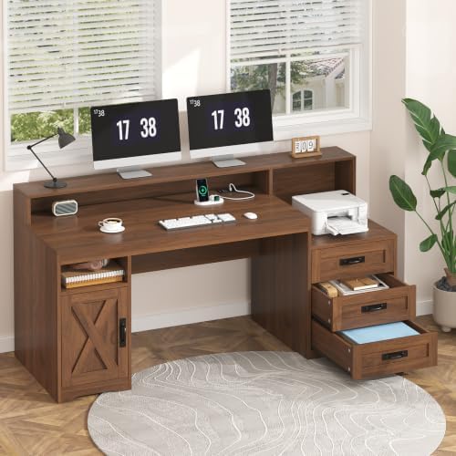 65" Farmhouse Computer Desk with Drawers and Printer Stand for Home Office - Image 3