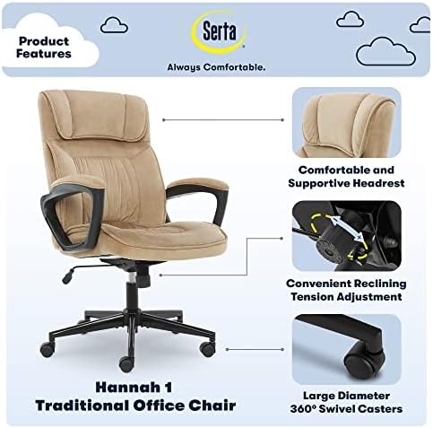 Serta® Hannah Executive Home Office Desk Chair, Ergonomic Mid-Back with Lumbar Support, Firm Seat Cushion, Layered Body Pillows, Padded Armrests, Swivel Base, Easy Assembly, Microfiber, Beige - Image 4
