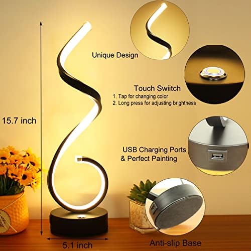 Modern Spiral LED Table Lamp for Bedroom, Bedside Lamps with USB Charging Ports, Dimmable Side Table Lamp Touch Lamps for Nightstand, 3 Colors Modes Desk Lamps for Living Room, Office - Black - Image 4