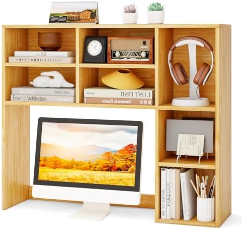 Tangkula Desktop Bookshelf, 37" Countertop Storage Hutch with 7 Cubes & 3 Adjustable Shelves, 3-Tier Desk Display Rack Organizer, Multipurpose Wood Desktop Hutch for Dorm Home Office (Burlywood) by TANGKULA