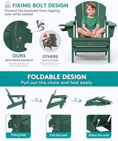 SERWALL Folding Adirondack Chair Set of 2 with Cup Holder, Fire Pit -Green - Image 4