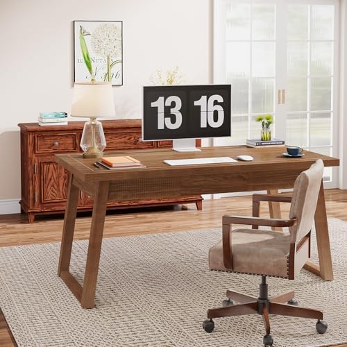 Tribesigns Home Office Executive Desk: 55 Inches Wooden Computer Desk with Drawer, Mid-Century Modern Study Writing Table, Rustic PC Laptop Desk Workstation Furniture, Walnut Brown - Image 3