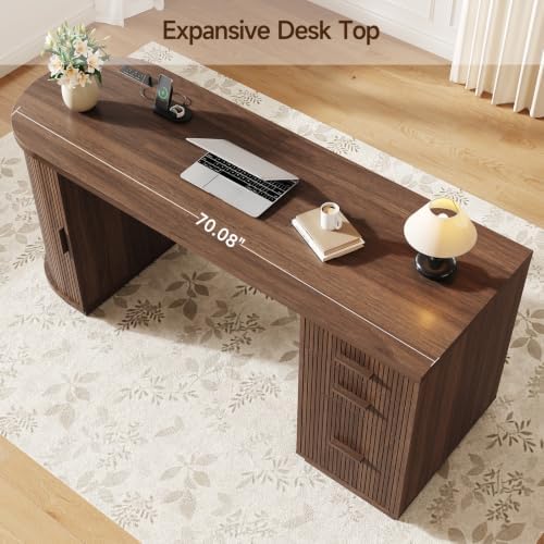 ONBRILL 70" Fluted Executive Desk with File Drawers (Walnut) - Image 4