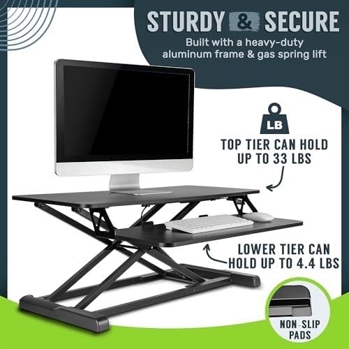TechOrbits Standing Desk Converter - 32 Inch Adjustable Sit to Stand Up Workstation, Particle Board, Dual Monitor Desktop Riser with Keyboard Tray, for Home Office Laptop, Black 32" - Image 6
