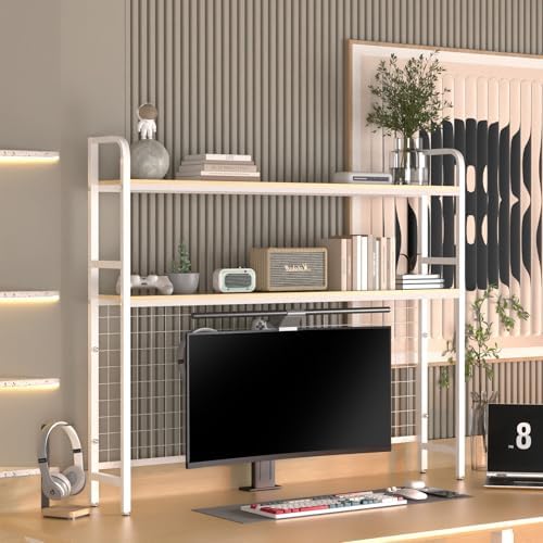 FAHKNS 2-Tier Desktop Bookshelf - Metal Desktop Bookshelf Organizer，Desk Book Organizer with 3 Hooks & DIY Storage Mesh，Suitable for Office/Game Room/Study/Powder Room（White） by FAHKNS