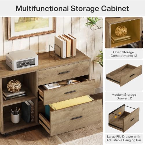 Tribesigns 63" L Shaped Desk with File Cabinet, Large Executive Office Desk with Rolling Filing Cabinet, Long Computer Table with Drawers and Shelves, Business Furniture Set for Home Office, Brown - Image 6