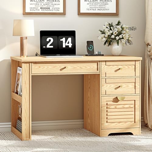 Ieejdn 47" Home Office Desks, Executive Desk, Farmhouse Computer Desk with Drawers and Charging Station, File Drawer, Storage Cabinet, Rustic Computer Writing Desk,Antique Natural by Ieejdn
