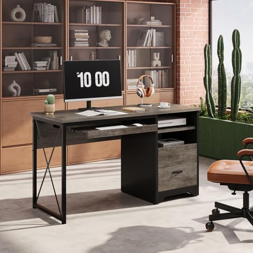 Bestier 47" Office Desk with Drawers, Industrial Computer Desk with Drawer, Reversible Teacher Desk with Storage & Keyboard Tray for Small Space Home Office & Studio, Gray Wash - Image 5