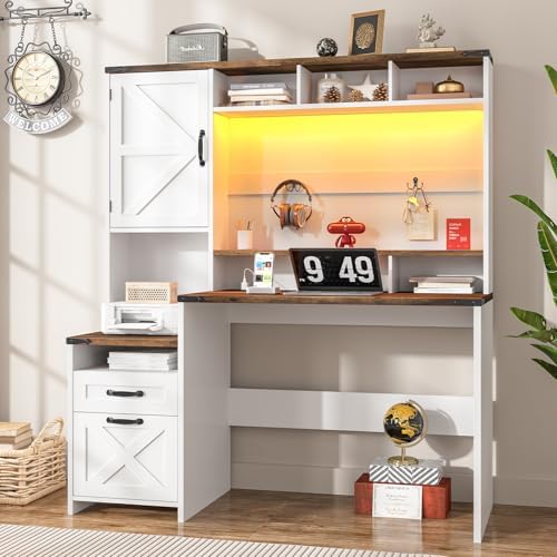 Vabches 51" Executive Desk Farmhouse Home Office Desk with Charging Station, LED Light, File Drawer, Storage Cabinet, Monitor Stand, Wood Computer Desk with Hutch for Work Study Writing (White) by Vabches