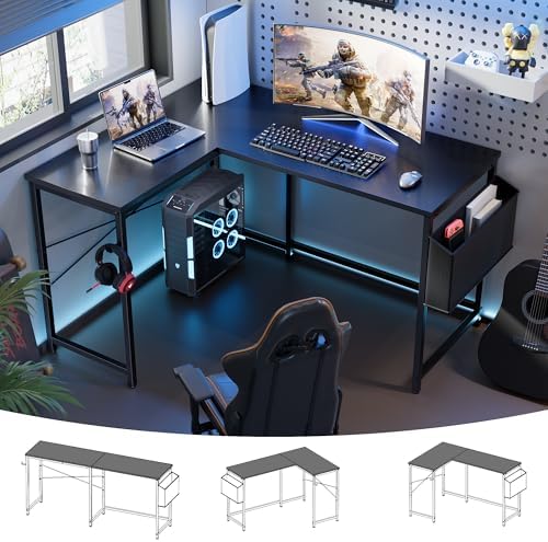 Pamray 47 Inch Reversible L Shaped Gaming Desk Corner Computer Desk with Storage Bag Home Office Table for Writing Study Black by PAMRAY