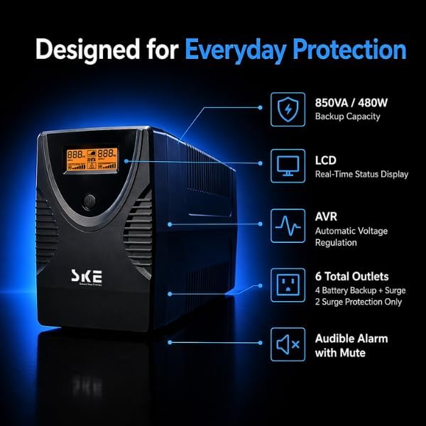 SKE SK850 850VA/480W UPS Battery Backup & Surge Protector - Uninterruptible Power Supply with LCD Display, AVR Voltage Regulation, 6 Outlets, Backup Power for PC, Router, NAS & Home Office - Image 4