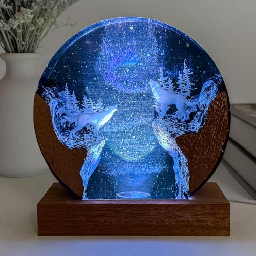 Wolf Resin Lamp, Handmade Snow Mountain Resin Night Light for Home Decor by NICEHERA