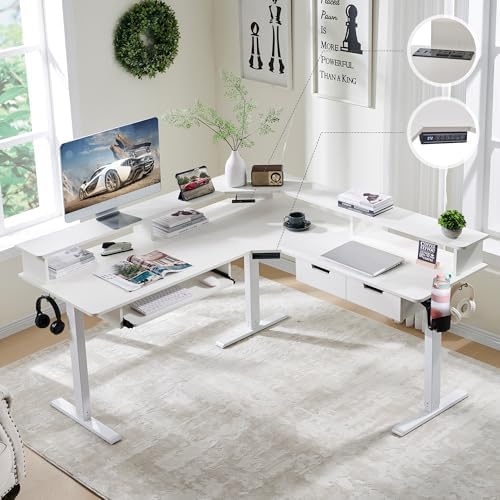 RedLemon 60 Inches L Shaped Electric Standing Desk 2 Tier, Antique White by REDLEMON