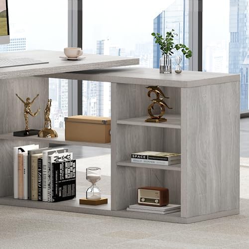 HSH L Shaped Corner Desk, Reversible Computer Desk, Light Grey, 55 Inch - Image 5