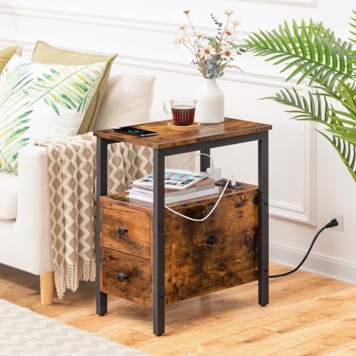 HOOBRO End Table with Charging Station, Narrow Side Table with 2 Drawer & USB Ports & Power Outlets, Nightstand for Small Spaces, for Living Room, Bedroom, Rustic Brown and Black BF541BZ01 - Image 2