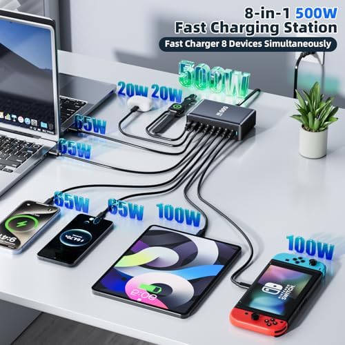 500W Fast Charging 8 Port USB C Charger Block with Nylon Fast Charging Cable, Multi-Device Charging Station Wall Desktop Charger with GaN Ⅲ Technology, USB-C Charger Adapter for MacBook/iPad/iPhone 17 - Image 2