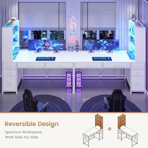 SEDETA Computer Desk with 5 Drawers and Bookshelf, Reversible Home Office Desk with Storage Shelves and File Drawer, Gaming Desk with LED Lights for Small Spaces, White - Image 4