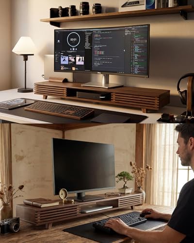 42" Dual Monitor Stand with Sliding Doors Desk Shelf Dark Bamboo - Image 7