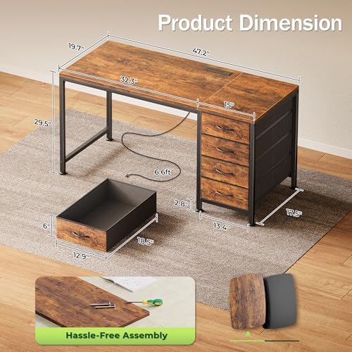 PRAISUN 47.2 Inch Computer Office Desk with Power Outelts and USB-C Port, Reversible Gaming Desk with 4 Fabric Drawers, Work Study Desk Work from Home, Rustic Brown - Image 3