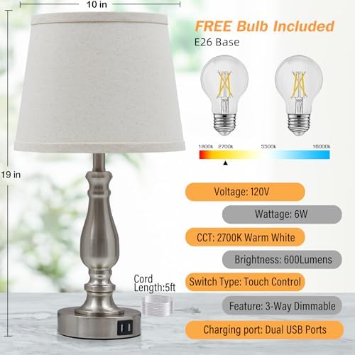 EJIAXIN Lamps for Bedrooms Set of 2, Brushed Nickel Bedside Lamps with USB C+A Ports,Dimmable Nightstand Lamps with Fabric Lampshade, Touch Table Lamp for Living Room Bedroom Office, Bulbs Included - Image 3