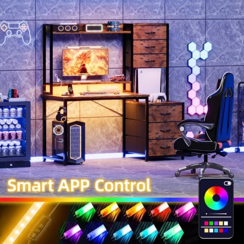 MUTUN 47 Inch Computer Gaming Desk with Hutch Power Outlet and LED Strip, Home Office Work Study Writing Desk with 6 Fabric Drawers and Storage for Bedroom, Escritorios para Computadoras, Rustic Brown - Image 4
