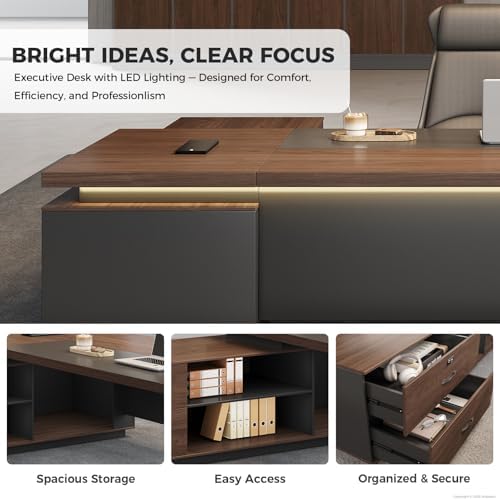Compact Reversible L Shaped Executive Desk for Manager, Home Office Desk with Power Outlet & USB Ports, LED Ambient Lighting, Storage Cabinet (Red Walnut/Graphite Gray, 63" L*63" W*30" H) - Image 6