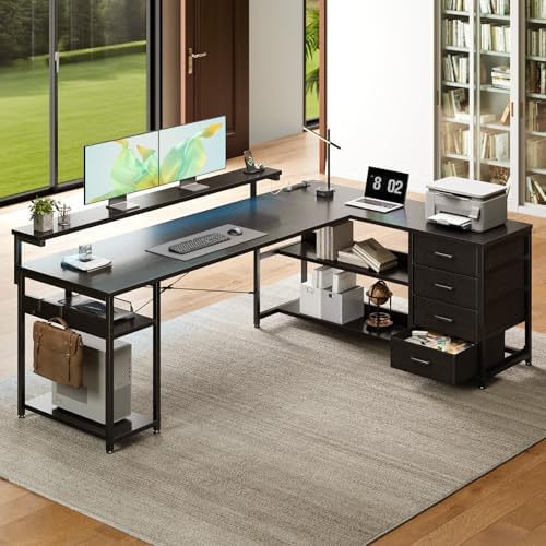 AODK 69" L Shaped Computer Desk with 4 Drawers, LED Lights, Black - Image 2