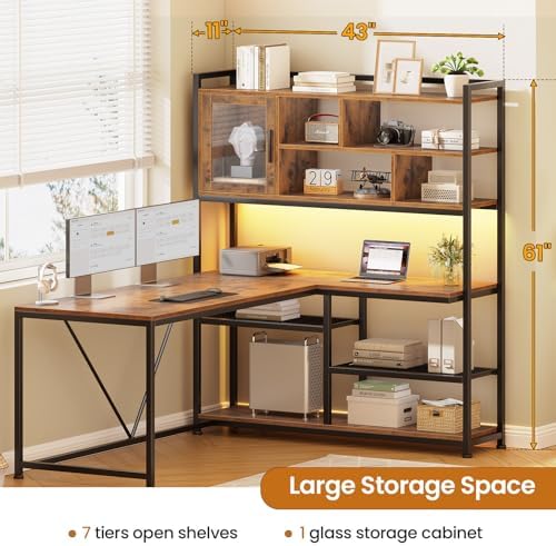 SEDETA L Shaped Computer Desk with Storage Shelves, Bookshelf, Rustic Brown - Image 2
