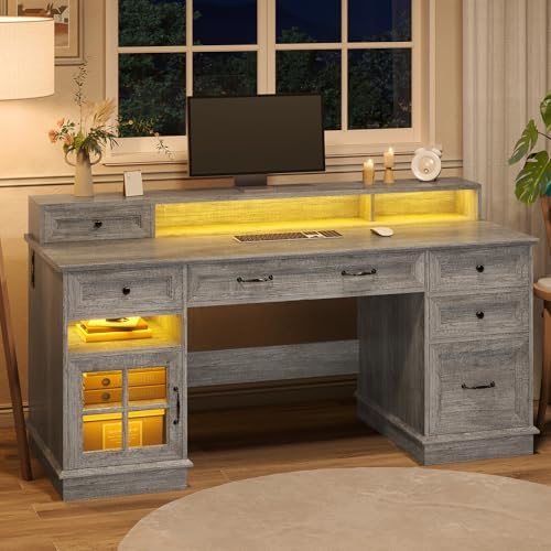 HAUOMS Farmhouse Executive Desk Computer Desk with Drawers，Grey - Image 3