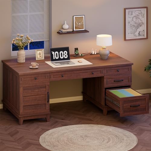 Garvee 60" Wooden Home Office Desk with File Drawers, Executive Desk with Adjustable Cabinet, Farmhouse Wood Desk with Power Outlet, Distressed Study and Work Table, Rustic Brown - Image 5