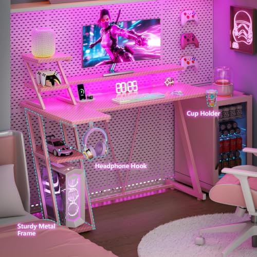 Korfile 47 Inch Pink Gaming Desk with LED Lights & Power Outlet, Gaming Computer Desk with Storage Shelves, L Shaped Gamer Workstations with Monitor Stand for Bedroom - Image 6