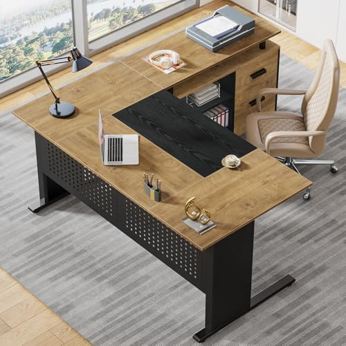 Tribesigns 63 Inch Executive Desk with File Cabinet, Large Office Desk L Shaped Computer Desk with Drawers and Storage Shelves, Business Furniture Desk for Home Office, Wood Color and Black - Image 5