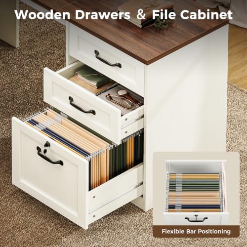 OffiGo Farmhouse 68 Inch L Shaped Executive Desk with Drawers, Walnut+White - Image 3