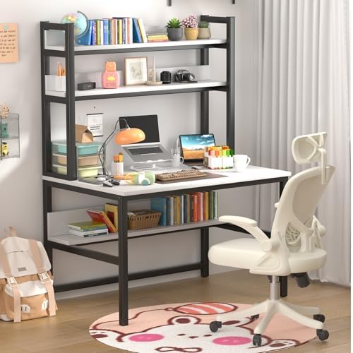 Aquzee Computer Desk with Shelves, 47" W x 23.6" D Gaming Desk with Hutch and Bookshelf, White Study Table for Bedroom Space Saving with 3 Tier Storage Shelf, Home Office Desk for Writing Work by Aquzee