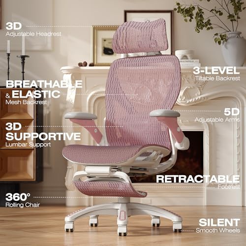 ELABEST X100 Ergonomic Mesh Office Chair with Footrest, Big and Tall Home Desk Chair with 5D Flip-Up Arms, Adjustable 3D Lumbar Support, Gaming & Executive Computer Chair (Peach Blossom) - Image 4