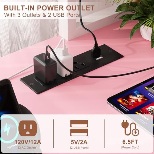 Aheaplus L Shaped Gaming Desk with Power Outlets & LED Lights, Pink - Image 4