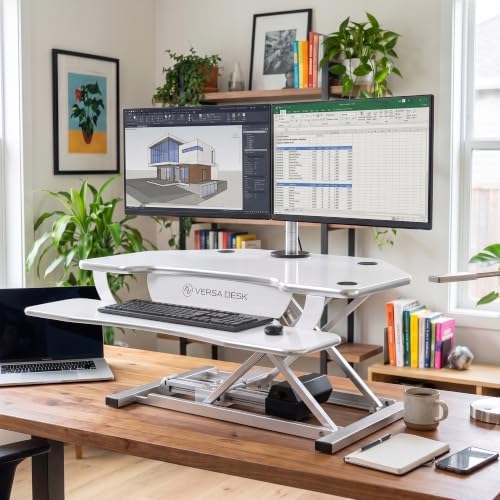 VERSADESK PowerPro 36 Inch Electric Corner Standing Desk Converter, Motorized Height Adjustable Sit-Stand Desk Riser, Dual Monitor & Laptop Workstation with Keyboard Tray, White - Image 2