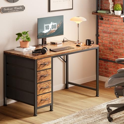 PRAISUN 39.4 Inch Computer Office Desk with Power Outelts and USB-C Port, Reversible Gaming Desk with 4 Fabric Drawers, Work Study Desk Work from Home, Rustic Brown - Image 2