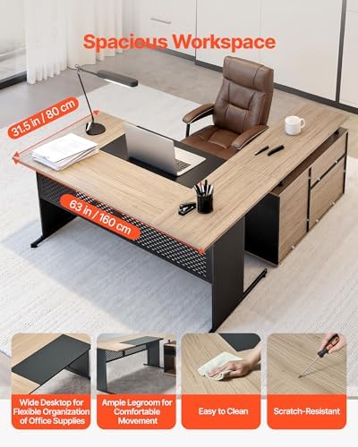 VEVOR 63" L-Shaped Executive Desk, Large Office Desk with Drawers, File Storage Cabinet, Detachable 350 LBS Load Capacity Corner Table, Easy Assembly, Business Furniture Workstation for Home Office - Image 5