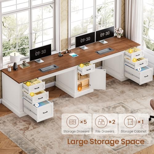 SEDETA Farmhouse 110.3" Two Person Desk with 7 Drawers, Long Computer Desk with Storage Cabinet, 2 Person Desk with Power Outlets for Home Office, White+Brown - Image 3