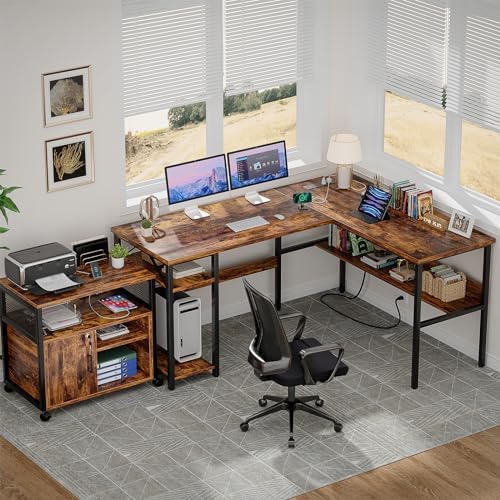 Unikito L Shaped Computer Desk with Magic Power Outlets and USB Charging Port, Sturdy Reversible Corner Desk with Storage Shelves, Modern Work Desk for Home Office, Easy to Assemble, Rustic Brown - Image 2